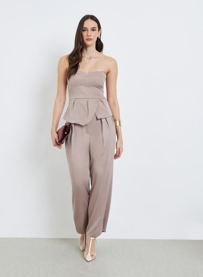 Styli Women Beige Strapless Peplum Top - Image 1